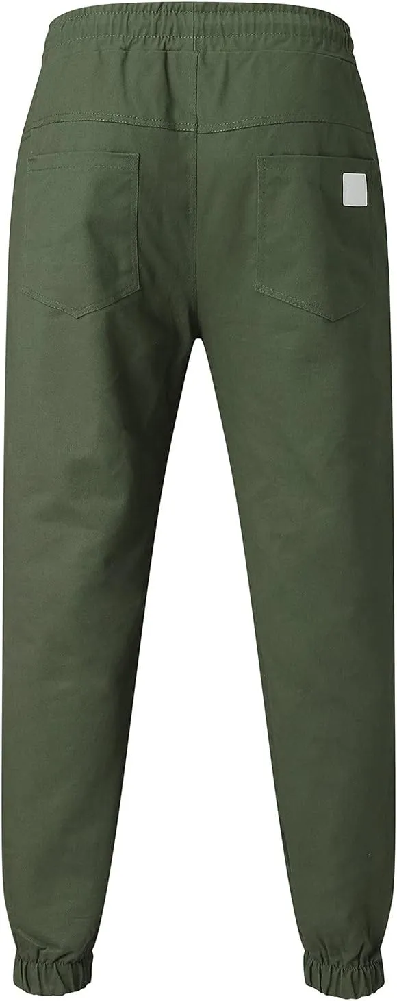 Men's Casual Joggers Pants Trendy Drawstring Solid Cargo Pants Hiking Outdoor Twill Track Jogger Sweatpants