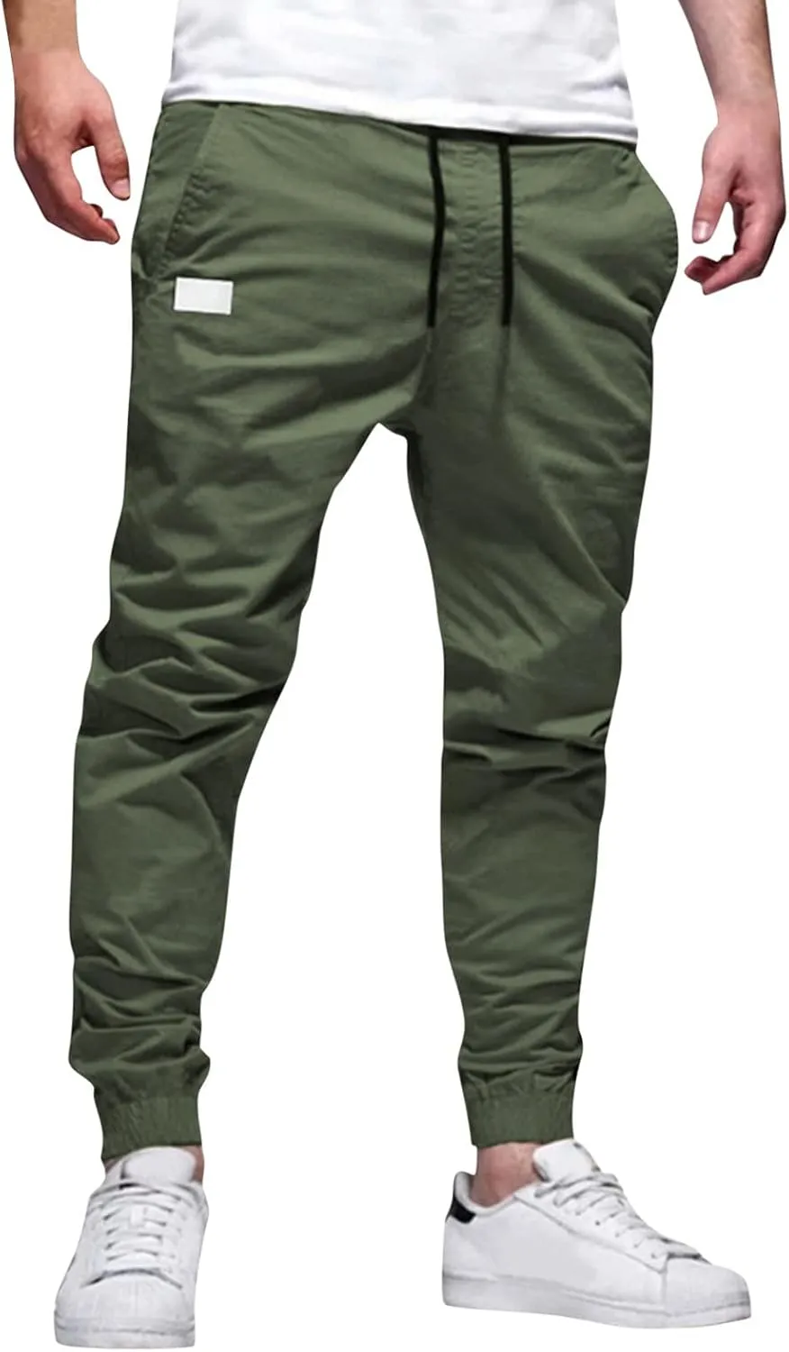 Men's Casual Joggers Pants Trendy Drawstring Solid Cargo Pants Hiking Outdoor Twill Track Jogger Sweatpants