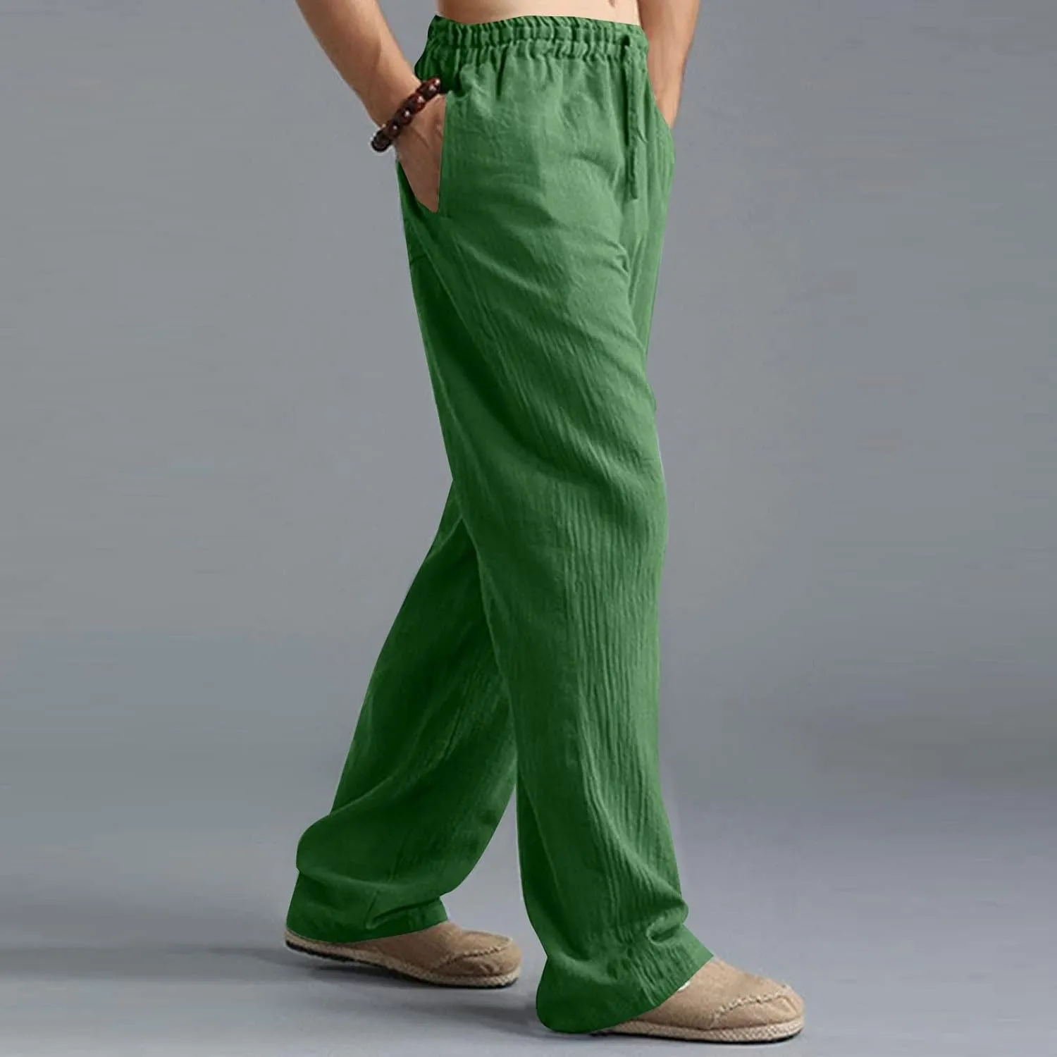 Men's Casual Linen Pants Elastic Waist Drawstring Beach Summer Pant Lightweight Straight Legs Loose Fit Trousers