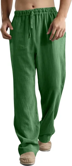 Men's Casual Linen Pants Elastic Waist Drawstring Beach Summer Pant Lightweight Straight Legs Loose Fit Trousers