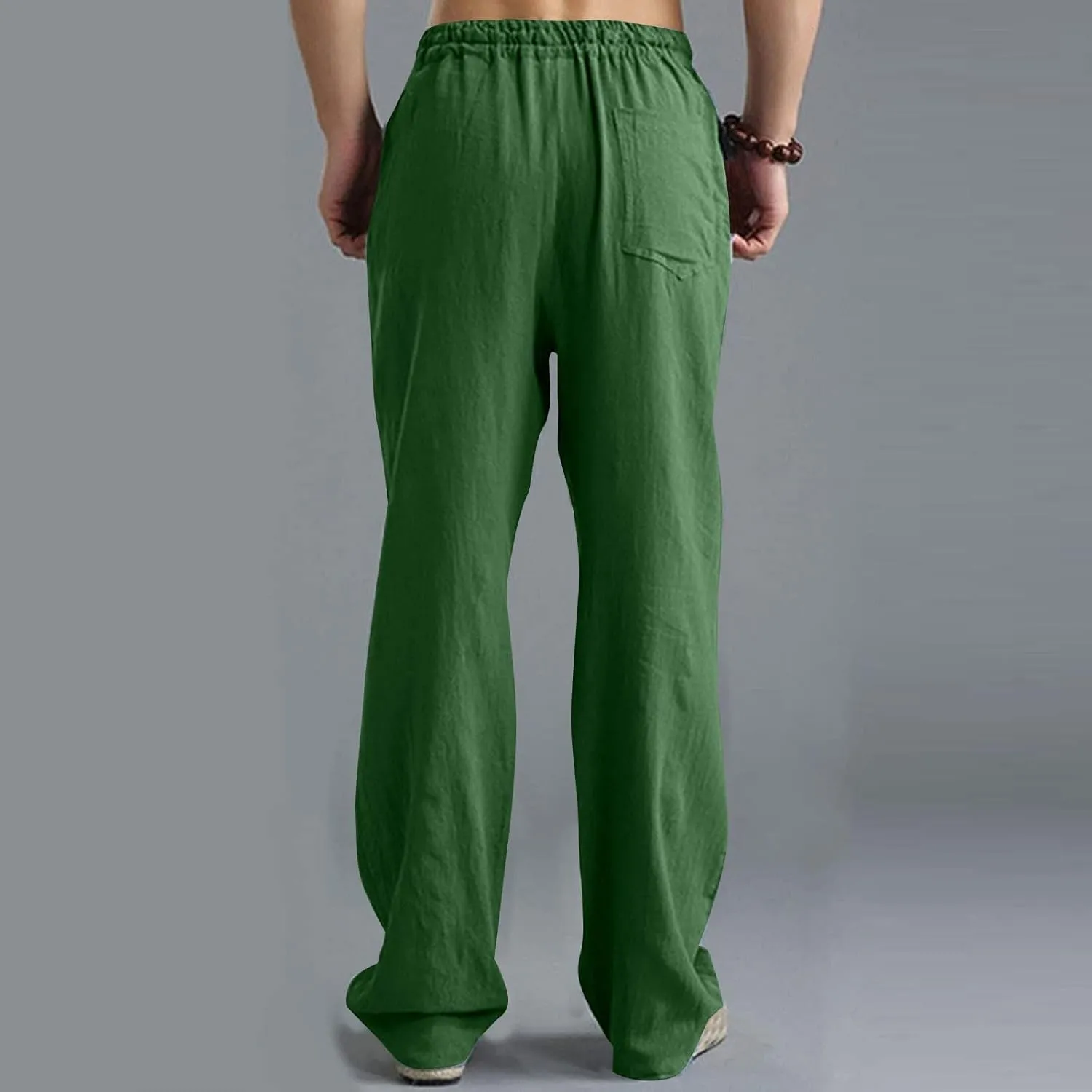 Men's Casual Linen Pants Elastic Waist Drawstring Beach Summer Pant Lightweight Straight Legs Loose Fit Trousers