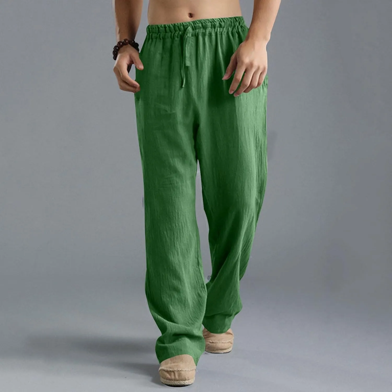 Men's Casual Linen Pants Elastic Waist Drawstring Beach Summer Pant Lightweight Straight Legs Loose Fit Trousers
