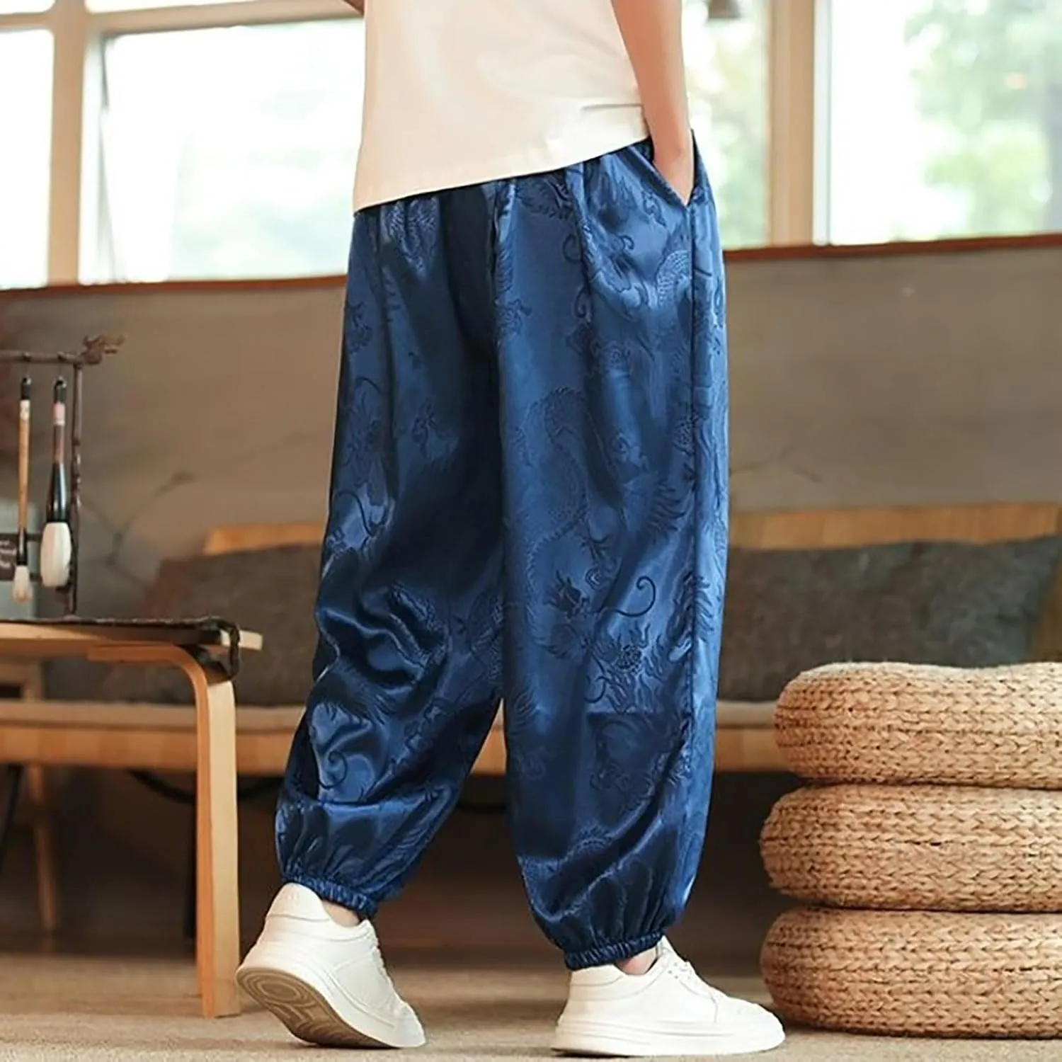 Mens Casual Palazzo Harem Pants Vintage Printed Elastic Waist Drawstring Cinched Bottom Yoga Pants Loose Yoga Trouser