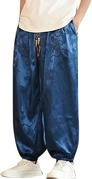 Mens Casual Palazzo Harem Pants Vintage Printed Elastic Waist Drawstring Cinched Bottom Yoga Pants Loose Yoga Trouser