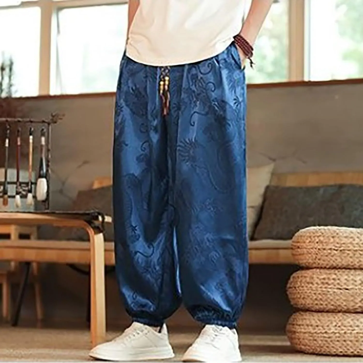Mens Casual Palazzo Harem Pants Vintage Printed Elastic Waist Drawstring Cinched Bottom Yoga Pants Loose Yoga Trouser