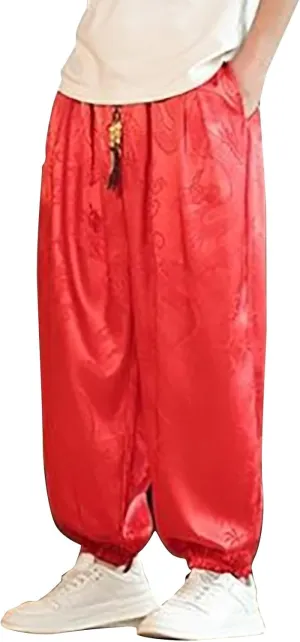Mens Casual Palazzo Harem Pants Vintage Printed Elastic Waist Drawstring Cinched Bottom Yoga Pants Loose Yoga Trouser