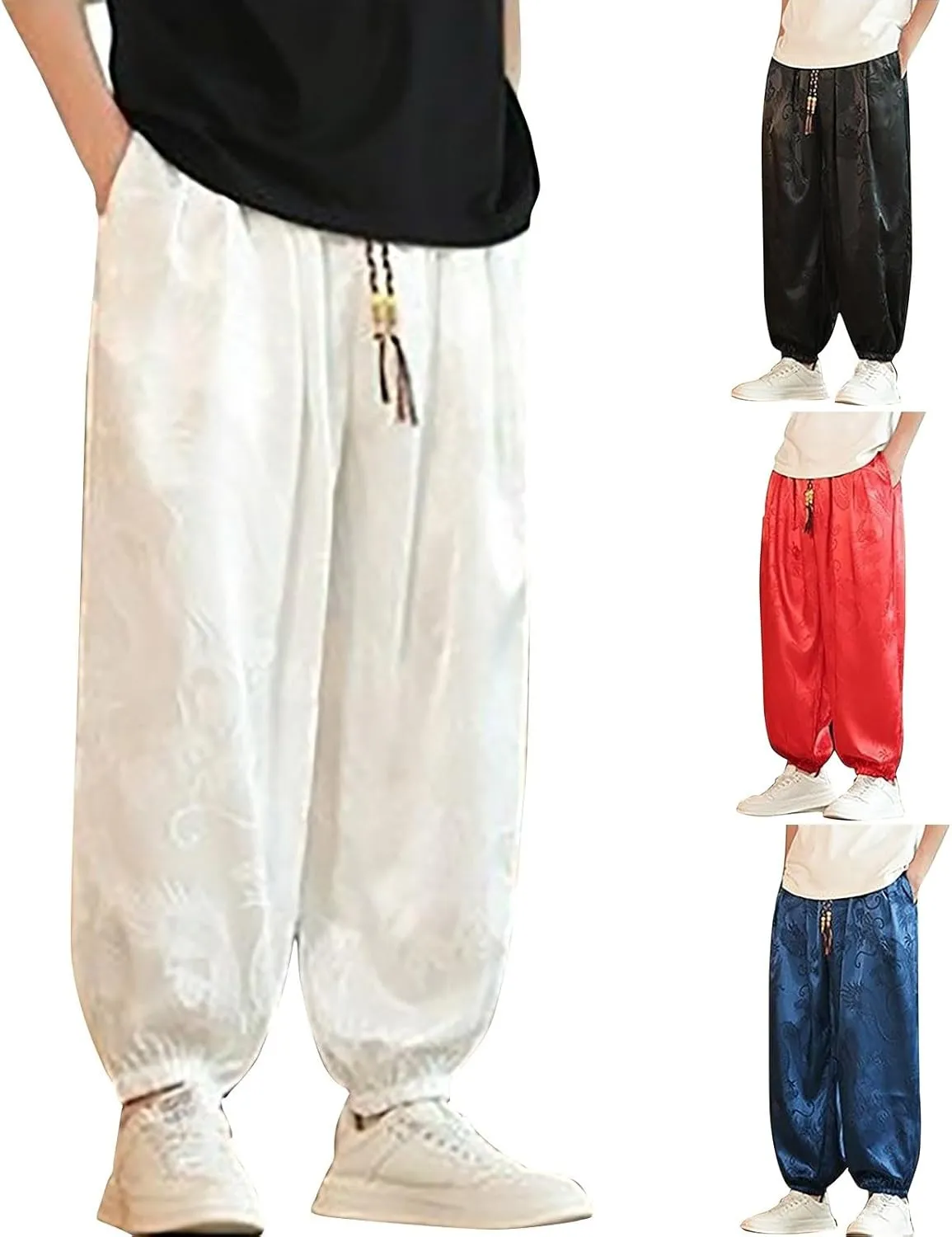 Mens Casual Palazzo Harem Pants Vintage Printed Elastic Waist Drawstring Cinched Bottom Yoga Pants Loose Yoga Trouser