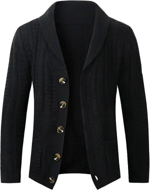 Men's Casual Shawl Collar Cardigans Long Sleeve Button Down Cable Knit Cardigan Casual Fashion Sweater with Pocket
