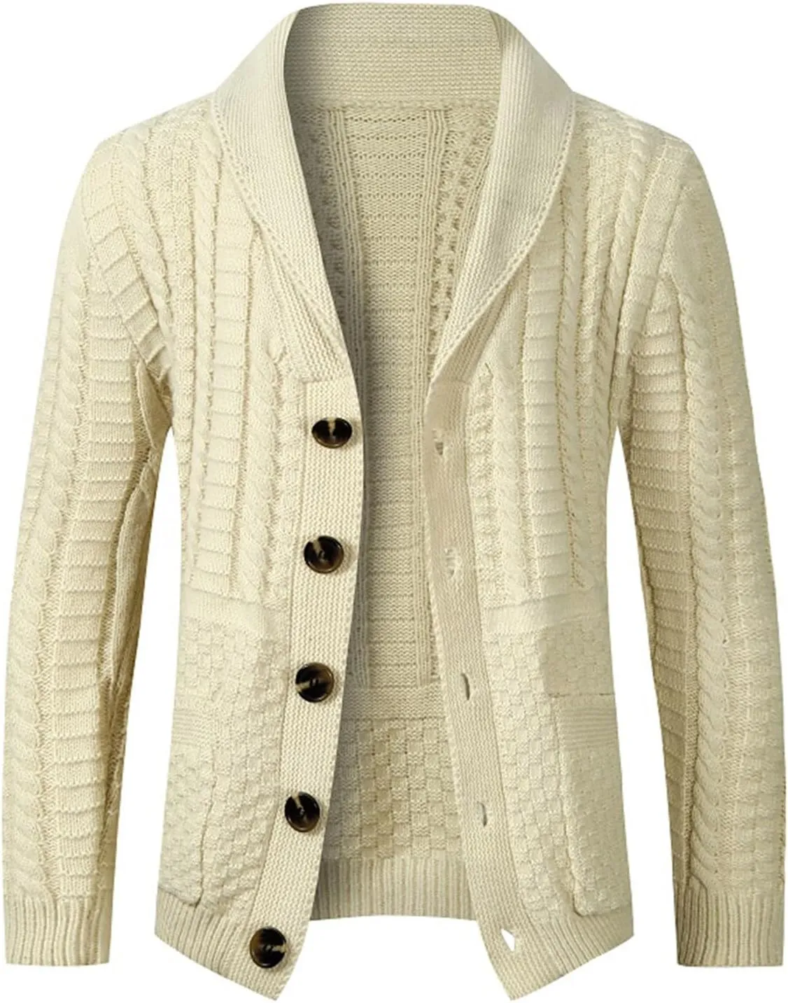 Men's Casual Shawl Collar Cardigans Long Sleeve Button Down Cable Knit Cardigan Casual Fashion Sweater with Pocket
