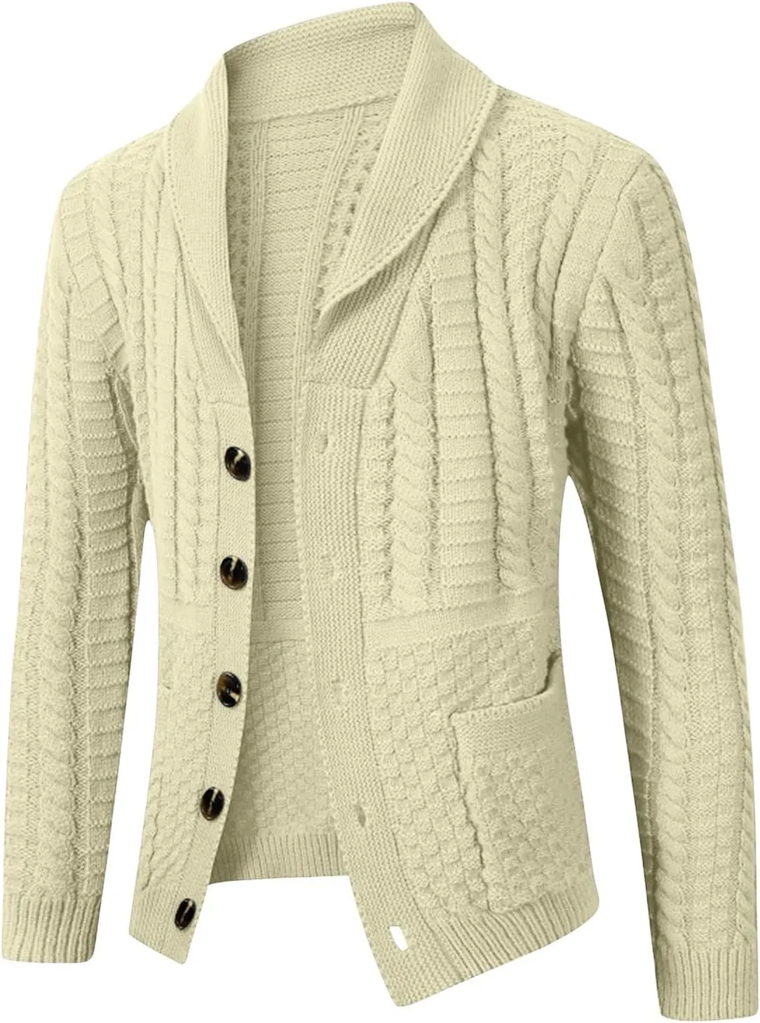 Men's Casual Shawl Collar Cardigans Long Sleeve Button Down Cable Knit Cardigan Casual Fashion Sweater with Pocket