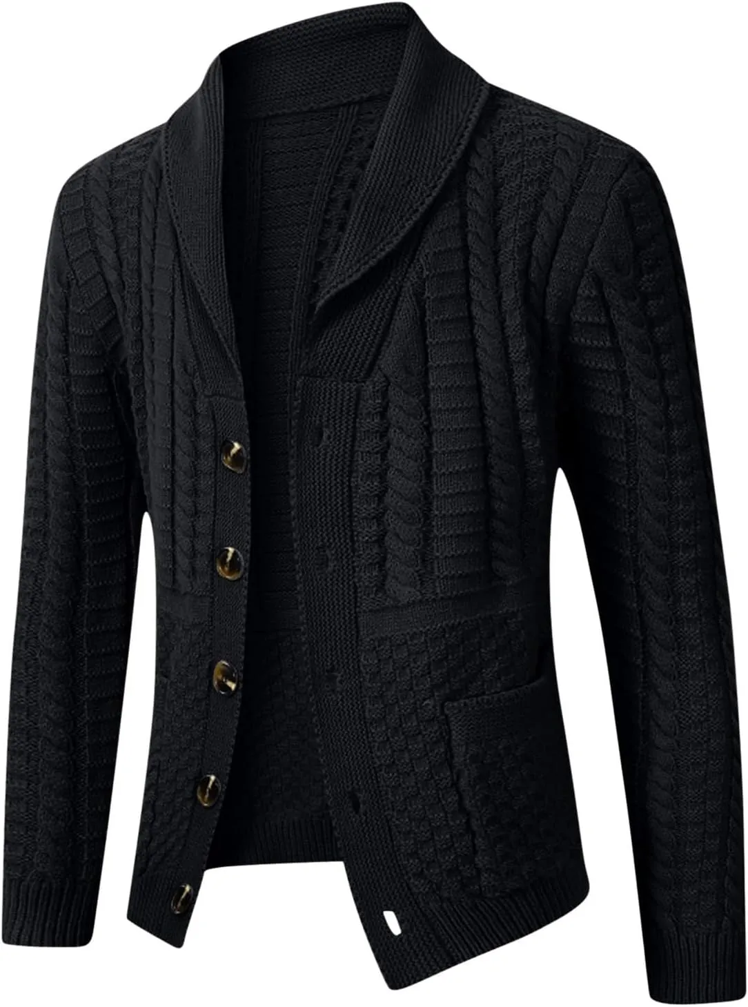 Men's Casual Shawl Collar Cardigans Long Sleeve Button Down Cable Knit Cardigan Casual Fashion Sweater with Pocket