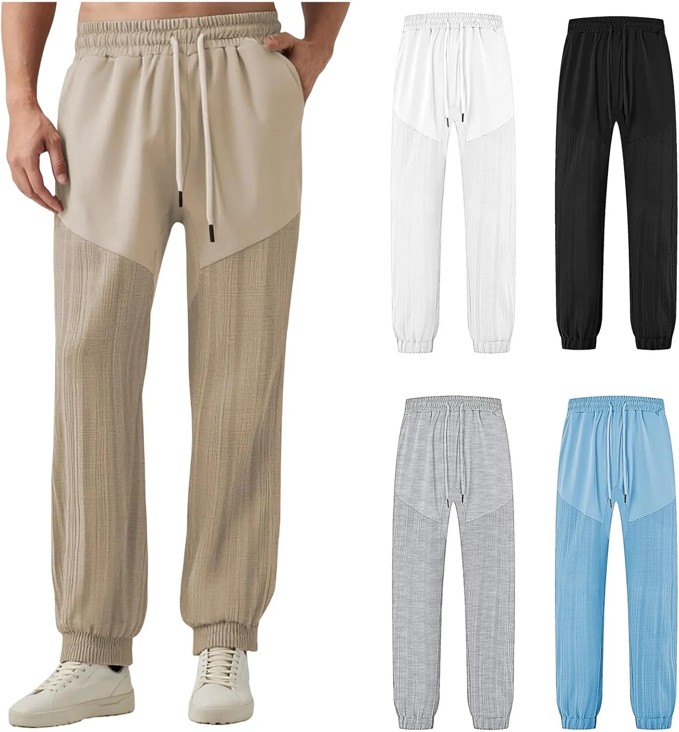 Men's Casual Track Pants Elastic Drawstring Splicing Sweatpant Summer Baggy Simple Sweatpant for Running Golf Travel