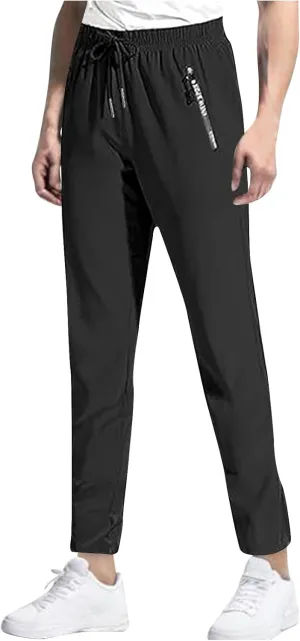 Mens Casual Workout Pants Stretch Athletic Pants Elastic Waist Pant Baggy Straight Leg Pants Zipper Pockets Trousers