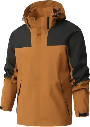 Mens Classic Color Block Windproof 2024 Causal Outdoor Water Resistance Drawstring With Pockets Hooded Jacket Coat