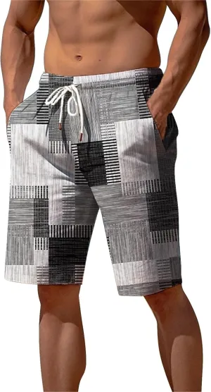Mens Color Block Printed Summer Linen Pants Drawstring Straight Leg Casual Beach Pant Elastic Waist Beach Yoga Hawaiian Pants