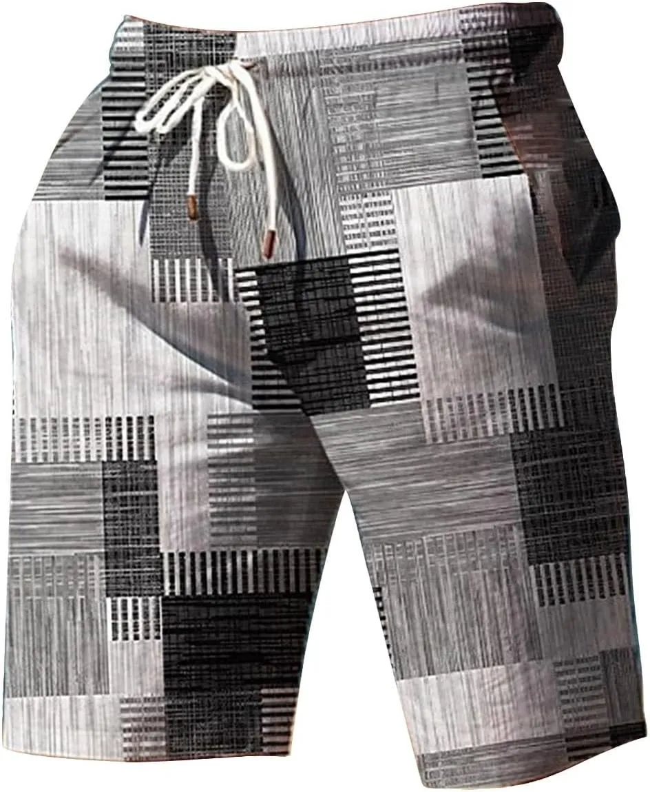 Mens Color Block Printed Summer Linen Pants Drawstring Straight Leg Casual Beach Pant Elastic Waist Beach Yoga Hawaiian Pants