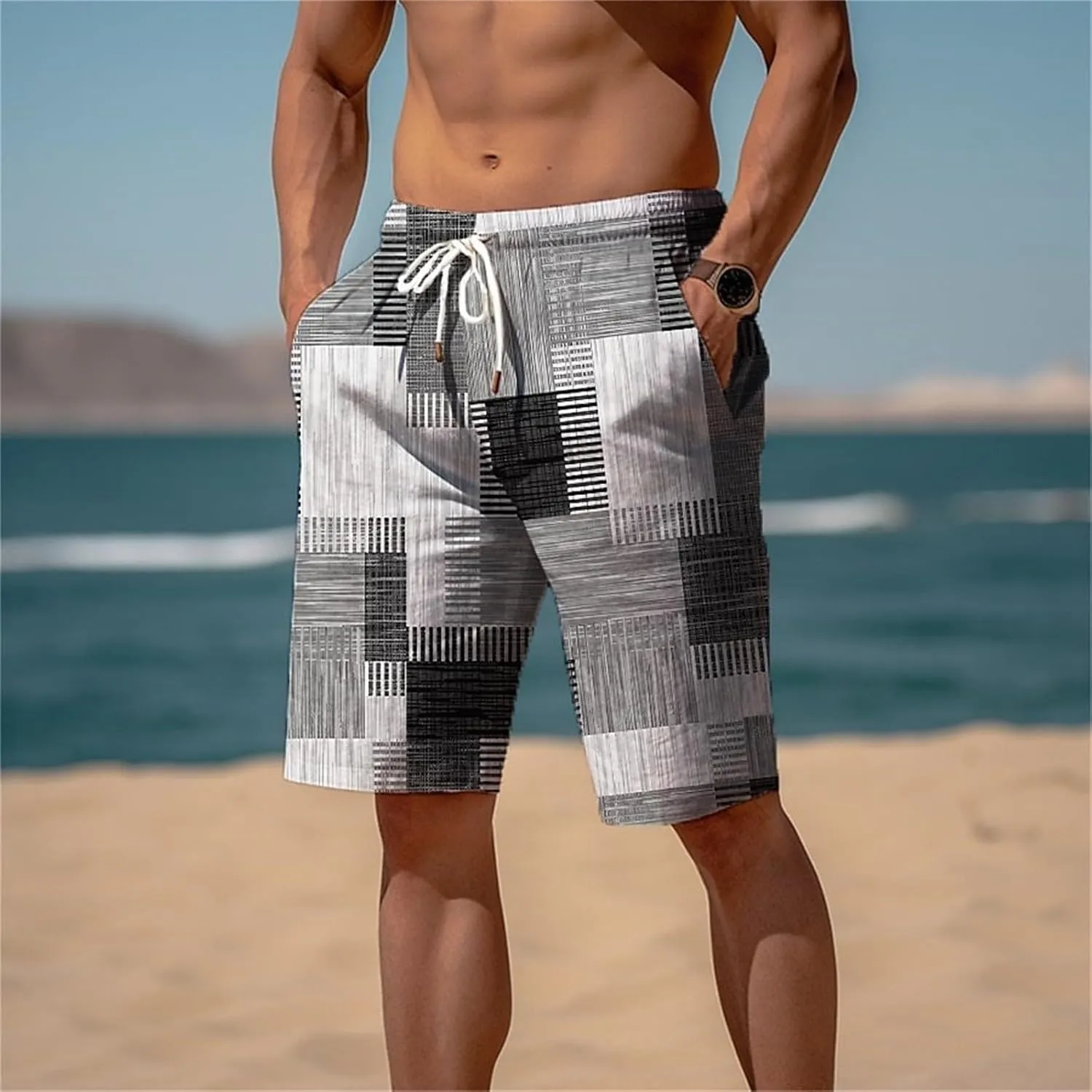 Mens Color Block Printed Summer Linen Pants Drawstring Straight Leg Casual Beach Pant Elastic Waist Beach Yoga Hawaiian Pants