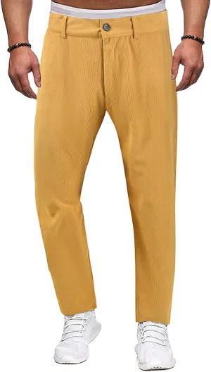 Mens Corduroy Pants Regular Fit Casual Elastic Waist Straight Leg Pants Tapered Flat-Front Chino Pants with Pockets
