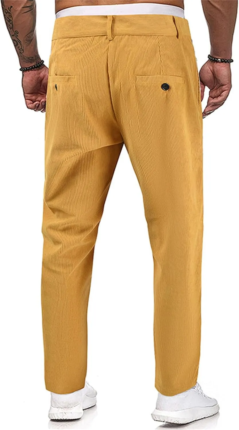 Mens Corduroy Pants Regular Fit Casual Elastic Waist Straight Leg Pants Tapered Flat-Front Chino Pants with Pockets
