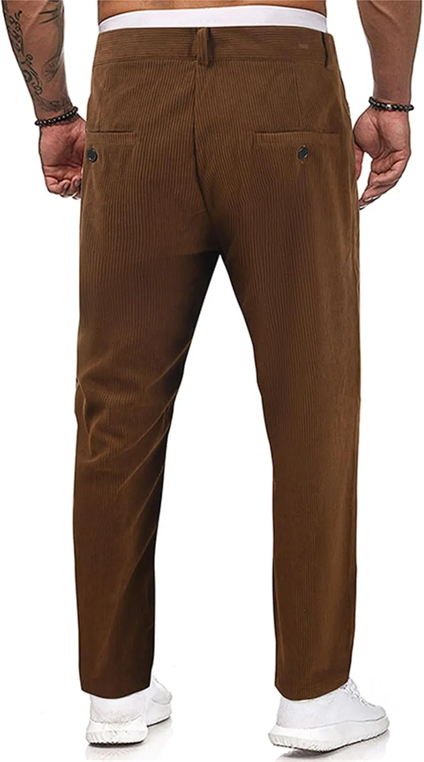 Mens Corduroy Pants Regular Fit Casual Elastic Waist Straight Leg Pants Tapered Flat-Front Chino Pants with Pockets