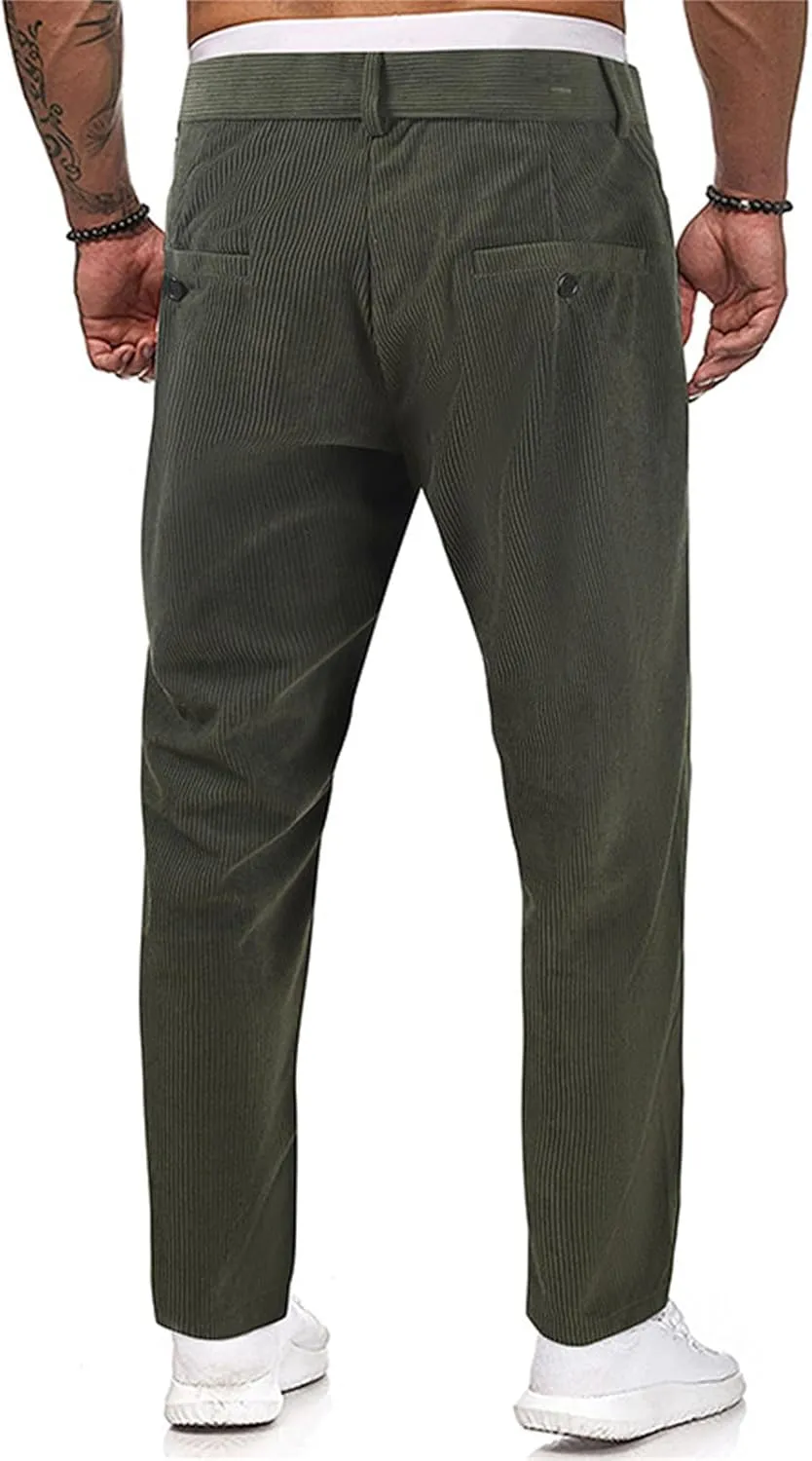 Mens Corduroy Pants Regular Fit Casual Elastic Waist Straight Leg Pants Tapered Flat-Front Chino Pants with Pockets