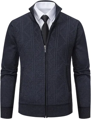 Mens Decent Full Zip Stand Collar Cardigans Business Casual Button Down Cable Knitted Sweater Blazers