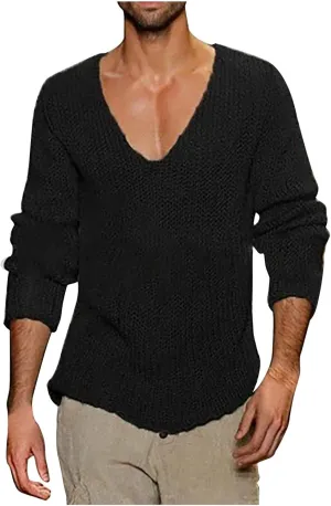 Mens Deep V Neck Sweater Slim Fit Lightweight Knitted Pullover Stylish Sweater Muscle Long Sleeve Low Cut Vneck Tee