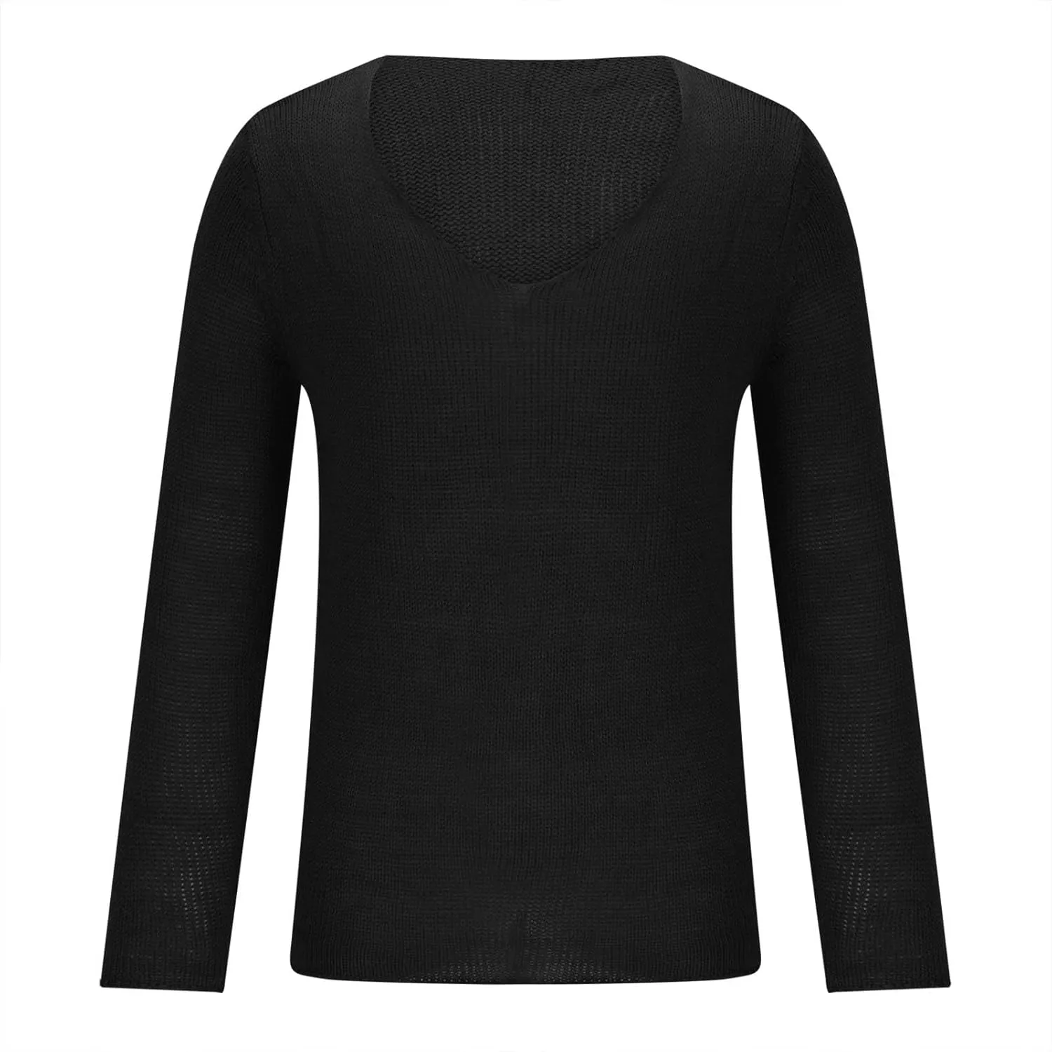 Mens Deep V Neck Sweater Slim Fit Lightweight Knitted Pullover Stylish Sweater Muscle Long Sleeve Low Cut Vneck Tee