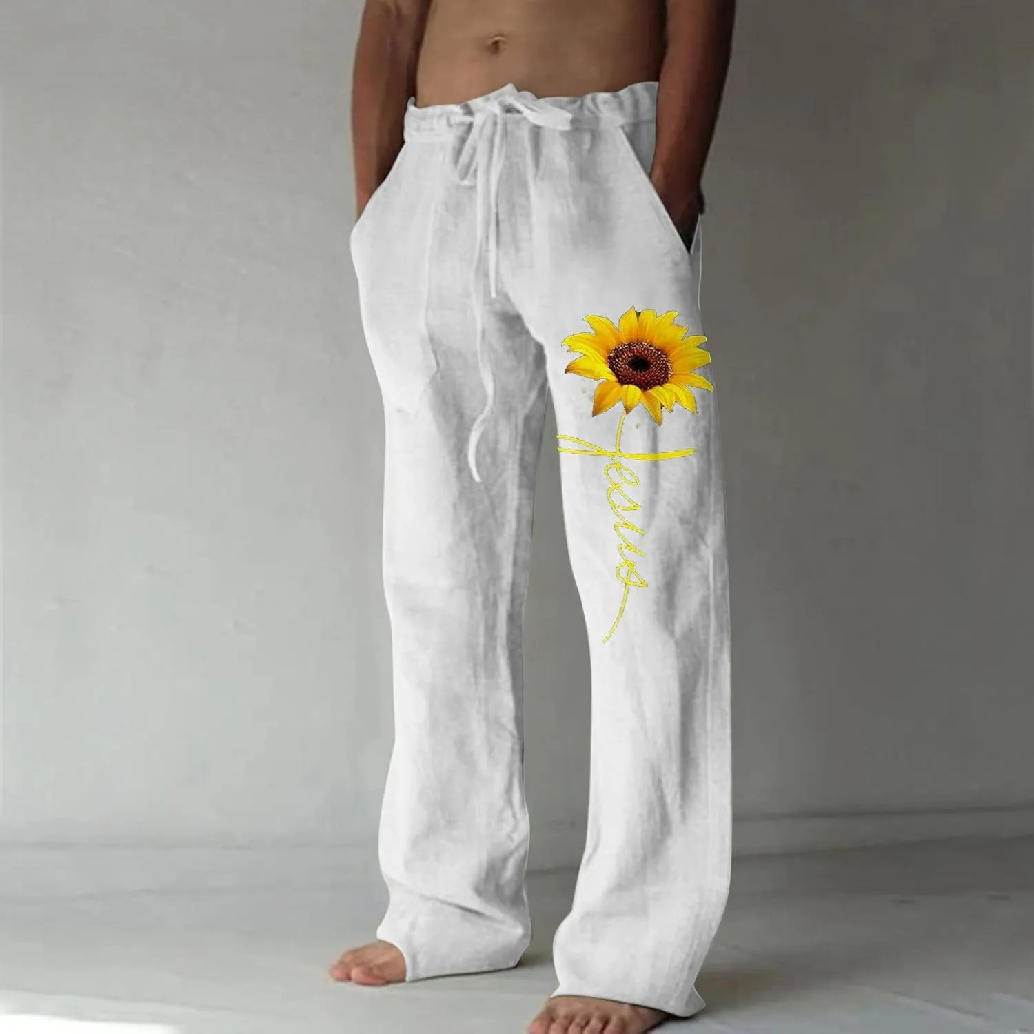 Men's Drawstring Cotton Linen Casual Pants Printed Pants Elastic Waist Straight Yoga Pant Fashion Joggers Trousers