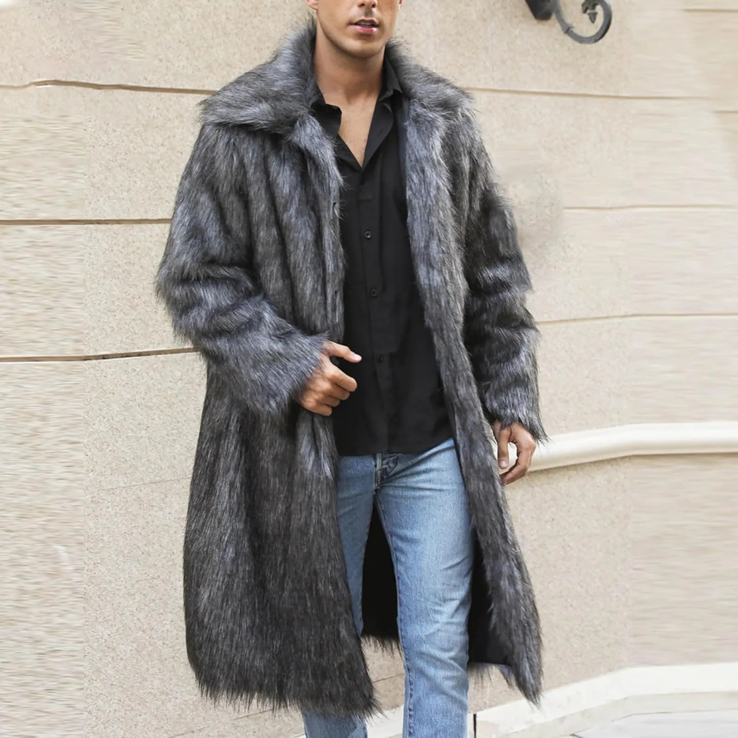 Men's Faux Fur Coat Winter Fashion Furry Fleece Trench Coat Men Winter Warm Faux Fur Overcoat Thicken Soft Jacket