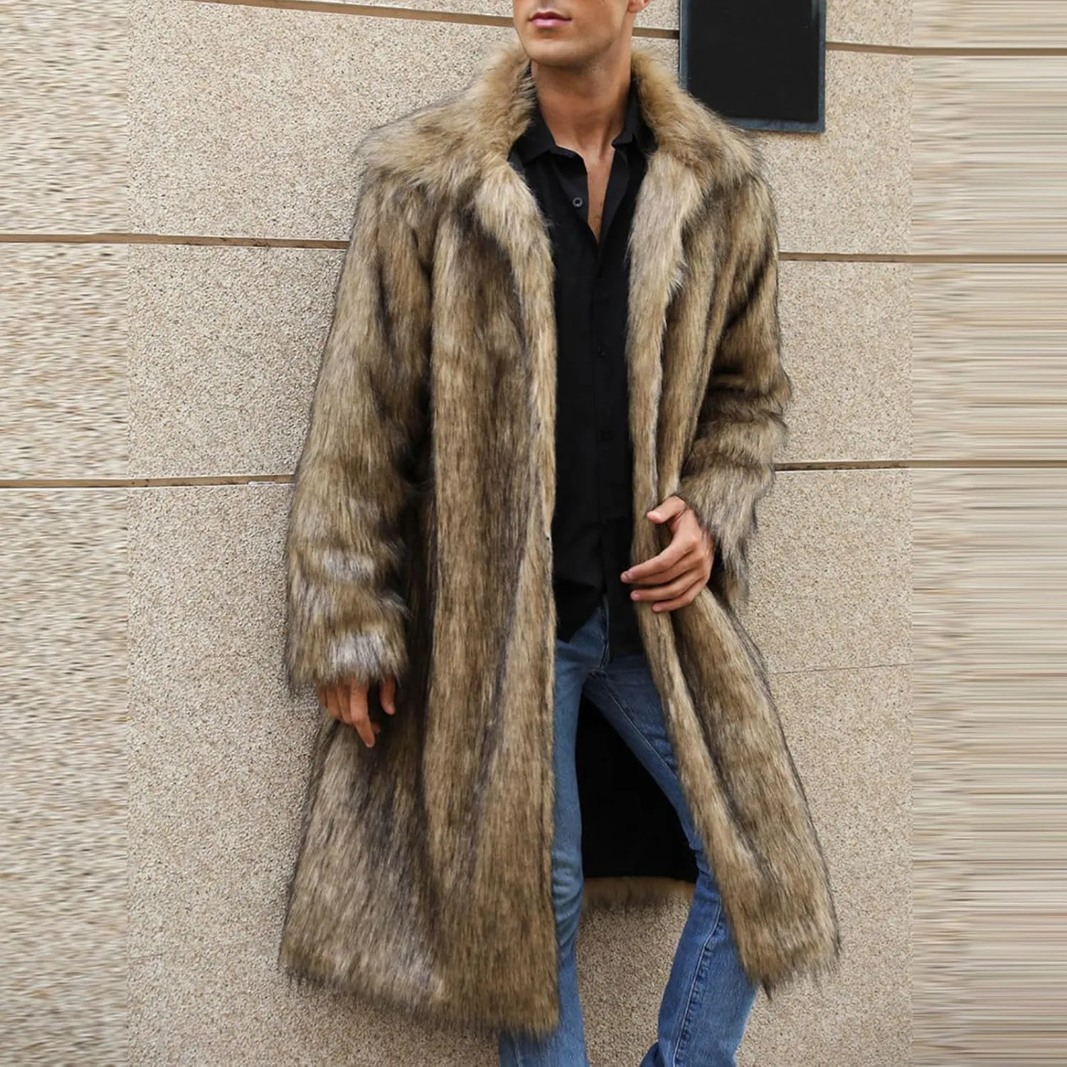 Men's Faux Fur Coat Winter Fashion Furry Fleece Trench Coat Men Winter Warm Faux Fur Overcoat Thicken Soft Jacket
