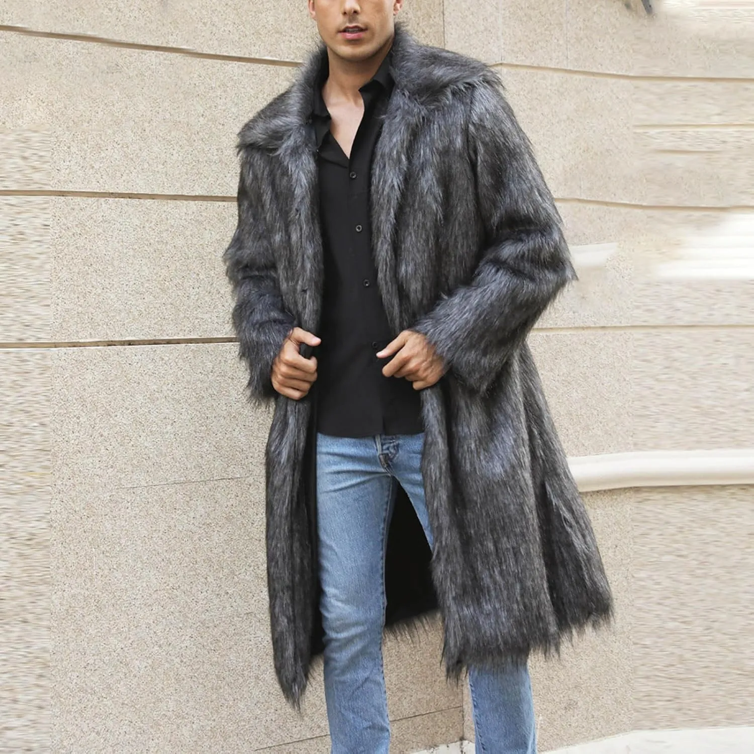 Men's Faux Fur Coat Winter Fashion Furry Fleece Trench Coat Men Winter Warm Faux Fur Overcoat Thicken Soft Jacket