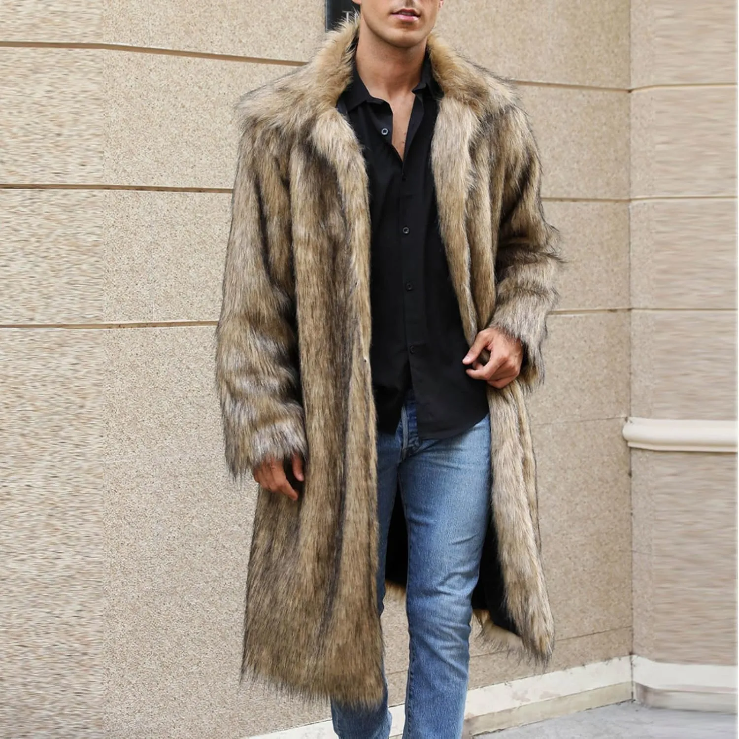 Men's Faux Fur Coat Winter Fashion Furry Fleece Trench Coat Men Winter Warm Faux Fur Overcoat Thicken Soft Jacket