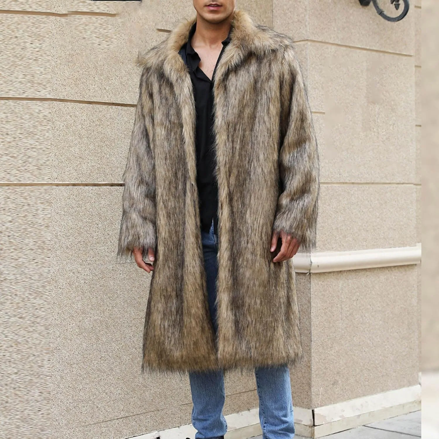 Men's Faux Fur Coat Winter Fashion Furry Fleece Trench Coat Men Winter Warm Faux Fur Overcoat Thicken Soft Jacket