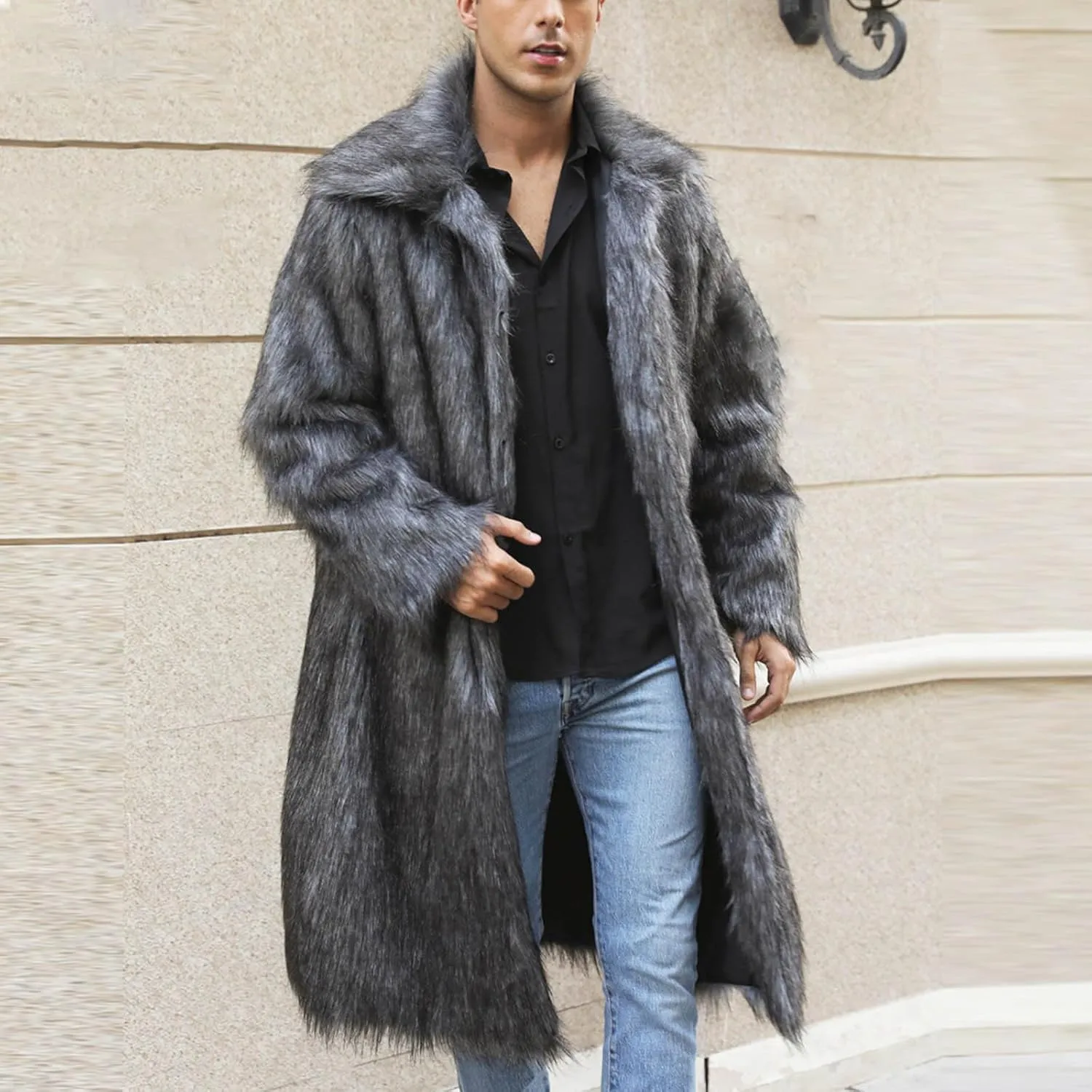 Men's Faux Fur Coat Winter Fashion Furry Fleece Trench Coat Men Winter Warm Faux Fur Overcoat Thicken Soft Jacket