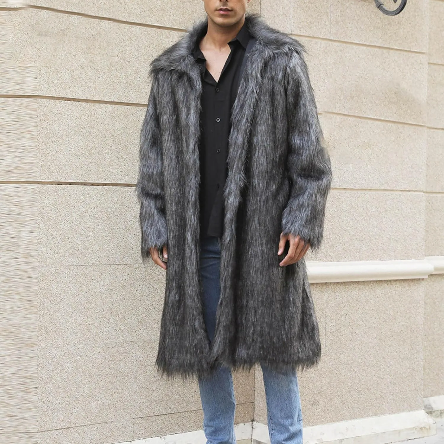 Men's Faux Fur Coat Winter Fashion Furry Fleece Trench Coat Men Winter Warm Faux Fur Overcoat Thicken Soft Jacket
