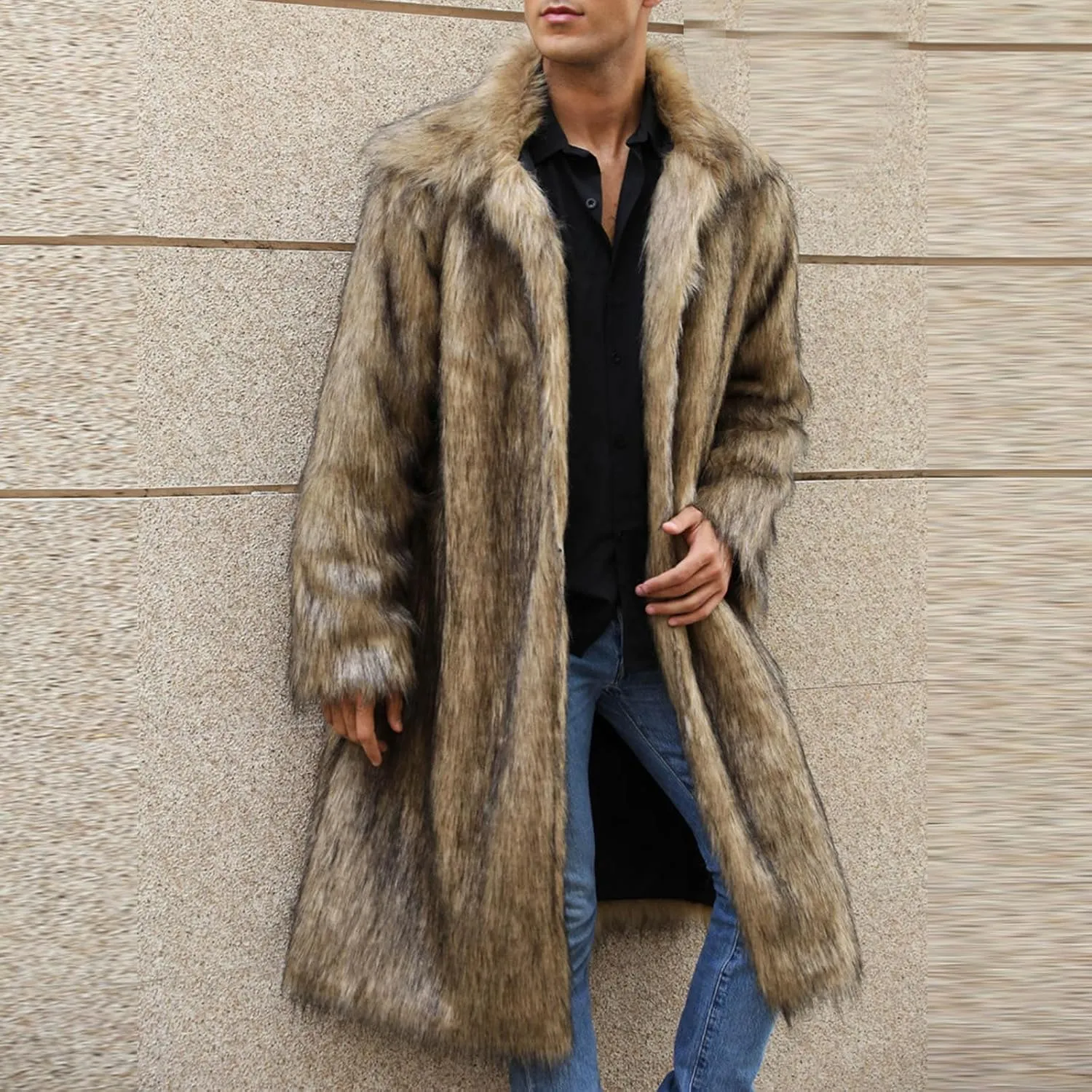 Men's Faux Fur Coat Winter Fashion Furry Fleece Trench Coat Men Winter Warm Faux Fur Overcoat Thicken Soft Jacket