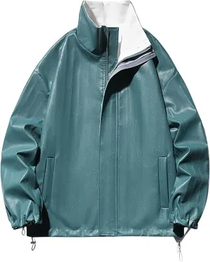 Mens Faux Leather Jacket Fall Winter Thickening Coat Long Sleeve Zip Up Outwear Sports Basic Parka with Pocket Biker Jacket