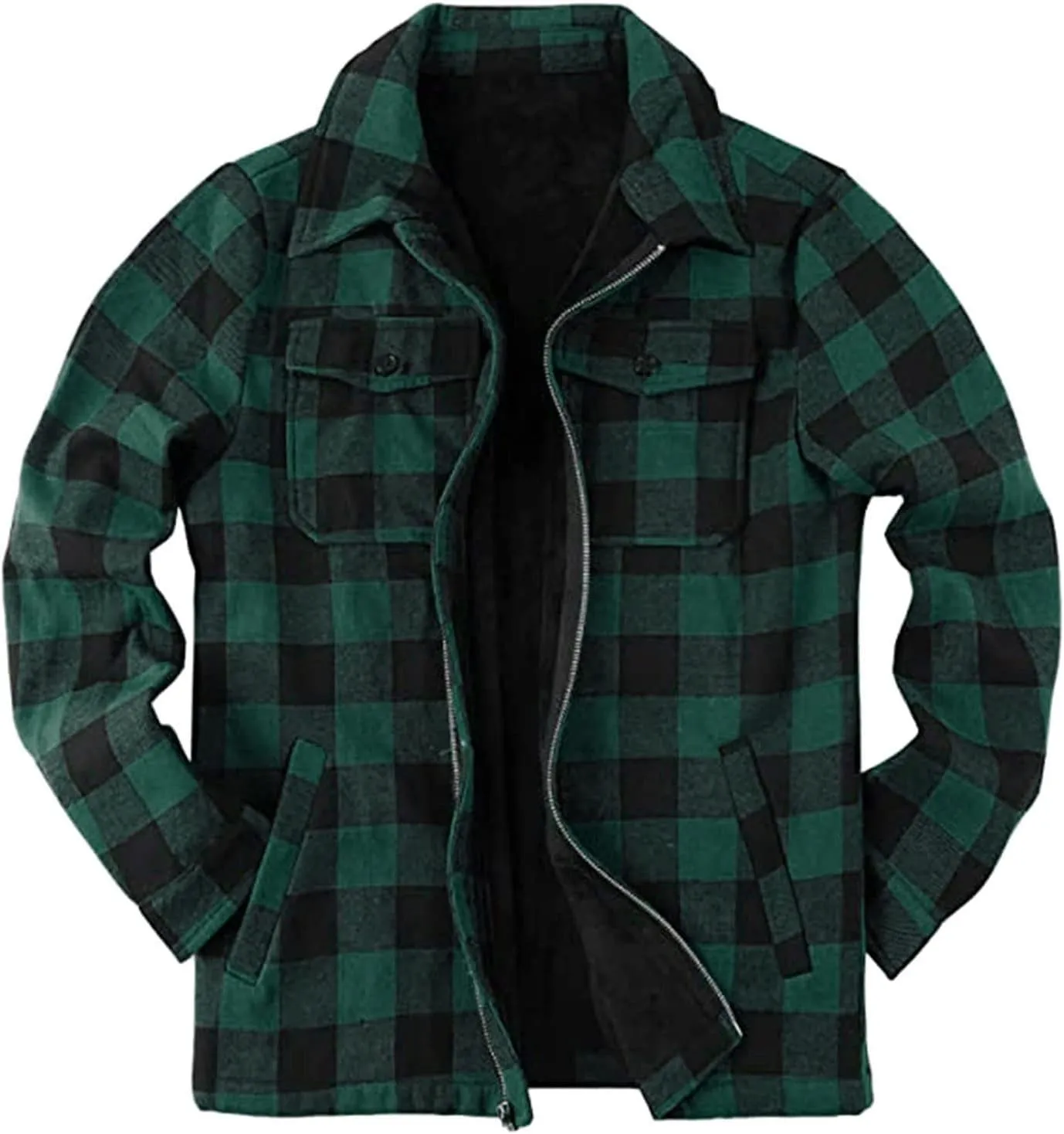 Mens Fleece Flannel Plaid Shirt Jacket Outwear Winter Coats Sherpa Lined Full Zip Hooded Plaid Shirt Jacket Thermal Coat