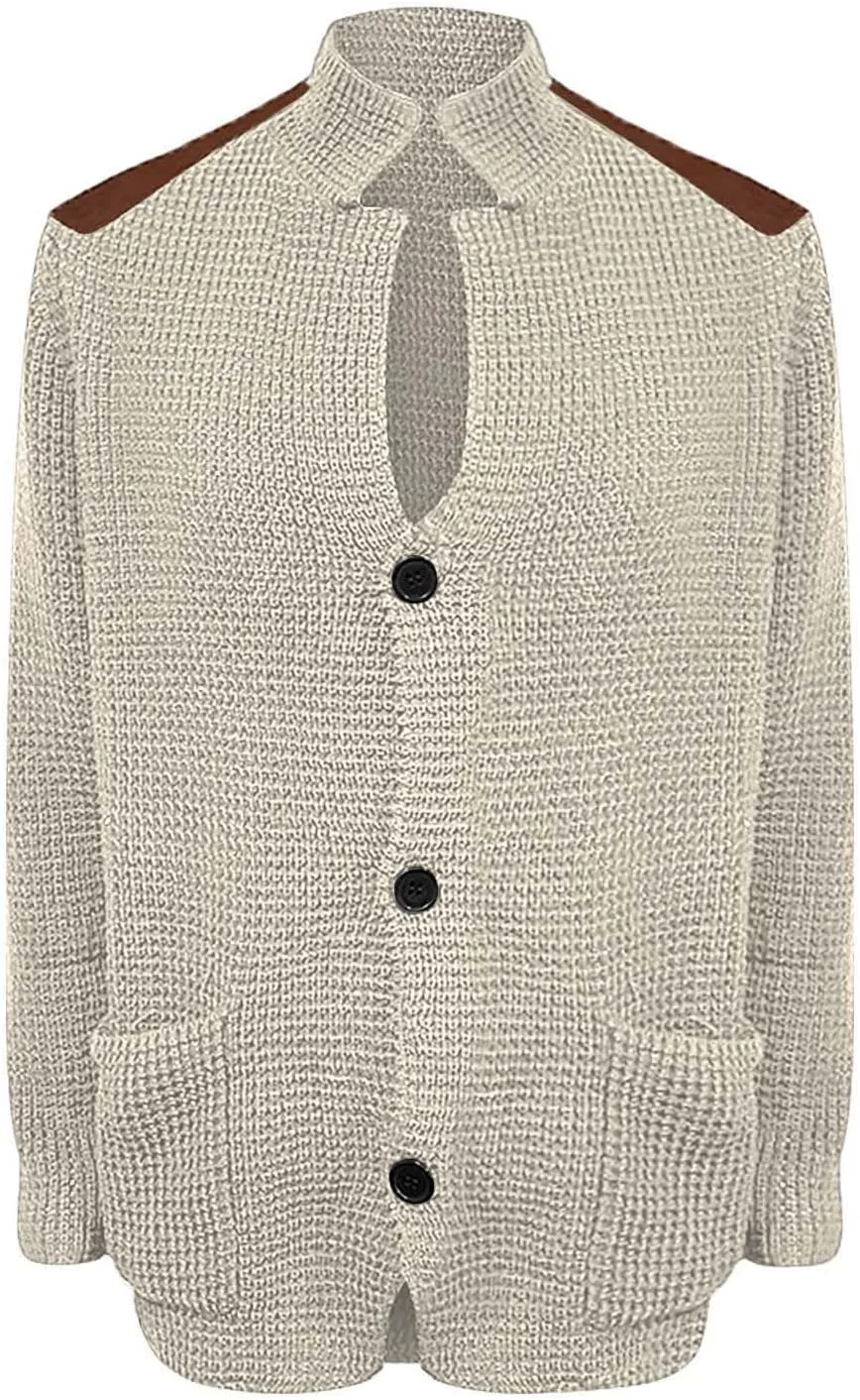 Mens Knitted Cardigan Sweater Stand Collar Chunky Coats Vintage Button Down Thermal Suit Jacket Outwear with Pockets