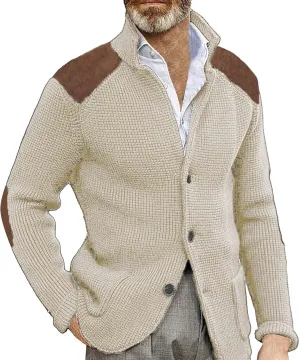 Mens Knitted Cardigan Sweater Stand Collar Chunky Coats Vintage Button Down Thermal Suit Jacket Outwear with Pockets