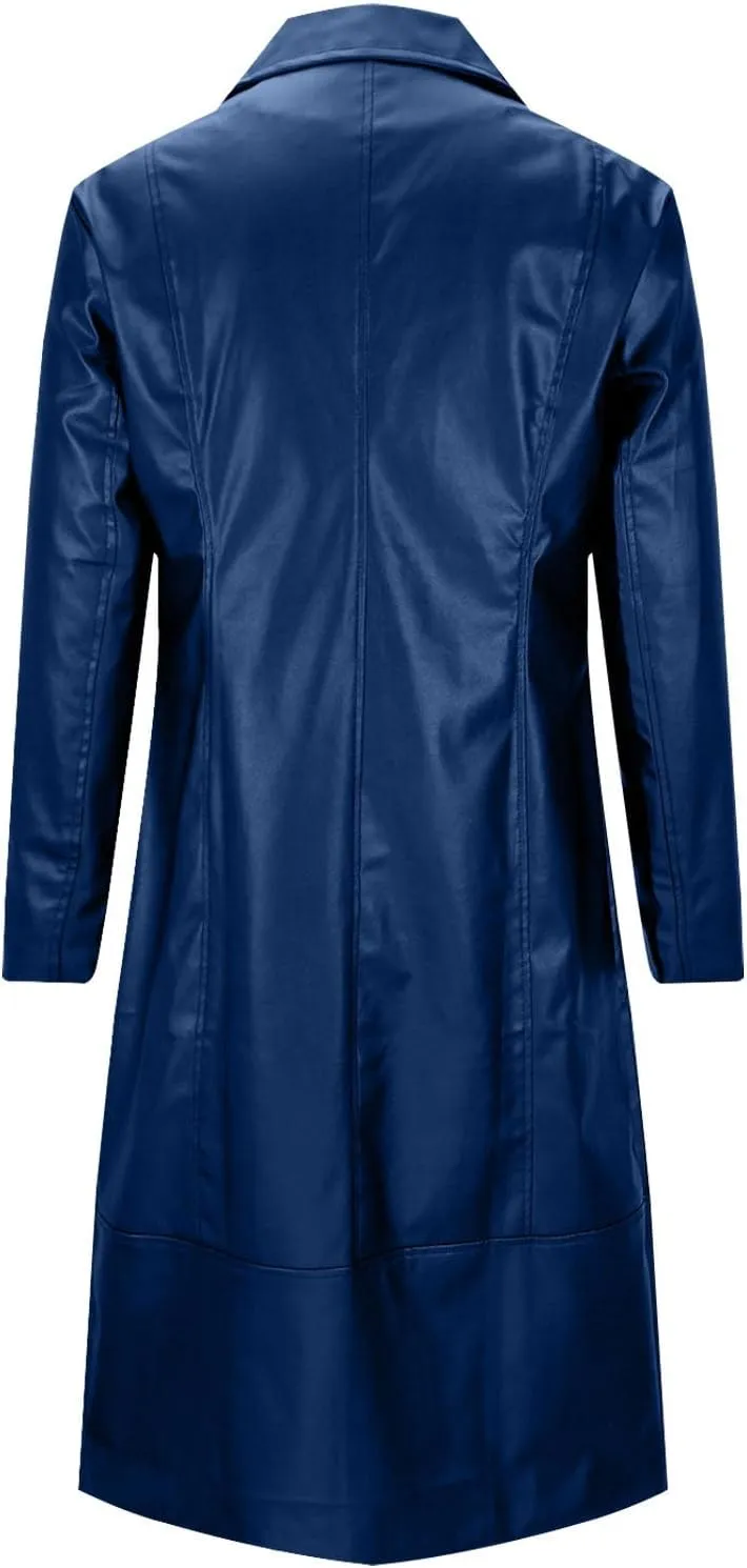 Men's Leather Trench Coat Full Length Single Breasted Windbreaker Jacket Long Overcoat