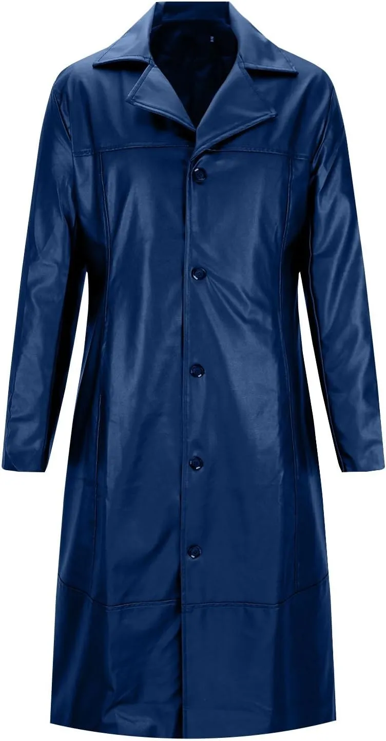 Men's Leather Trench Coat Full Length Single Breasted Windbreaker Jacket Long Overcoat
