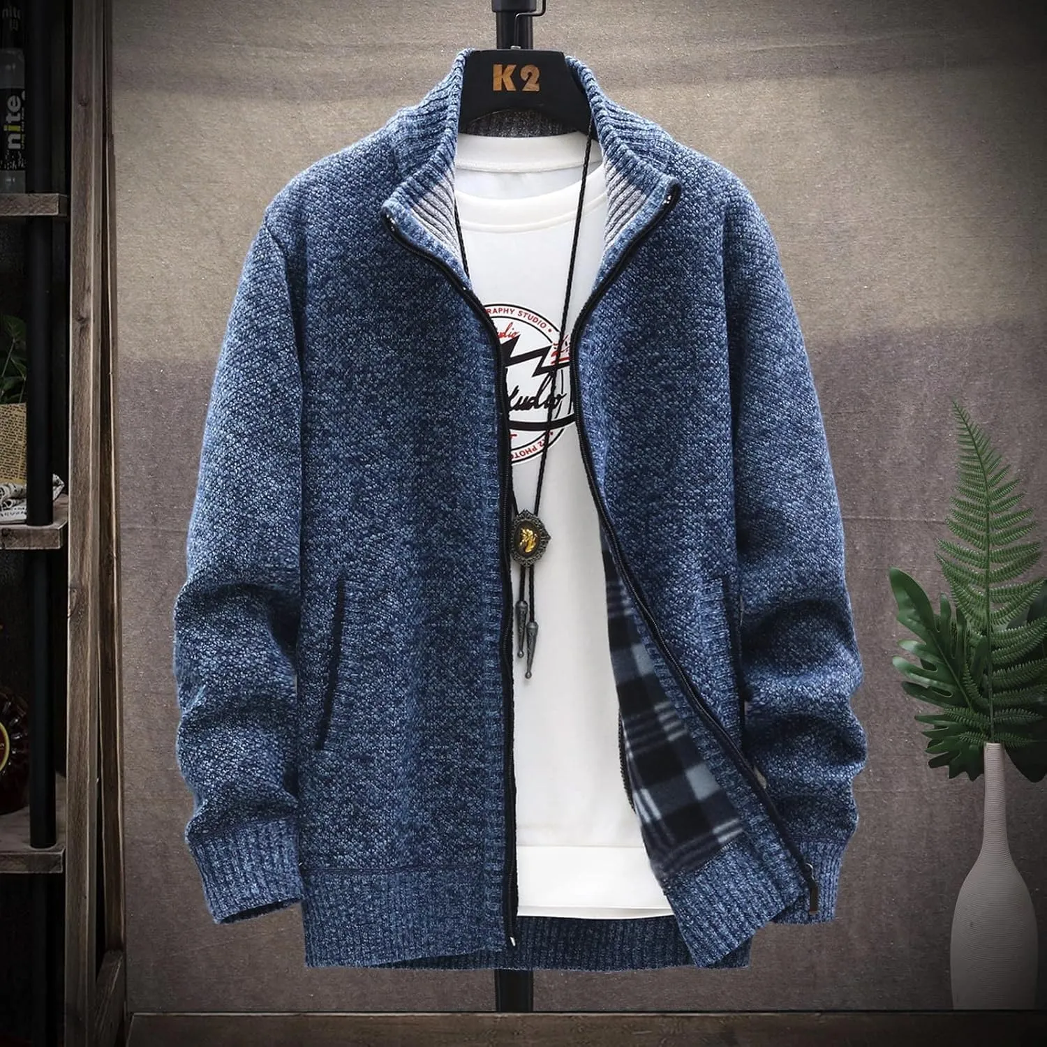 Mens Lightweight Sweaters Zip Up Stand Collar Cardigan Sweater Knitwear with Pockets Sweater Cardigan, XL-4XL