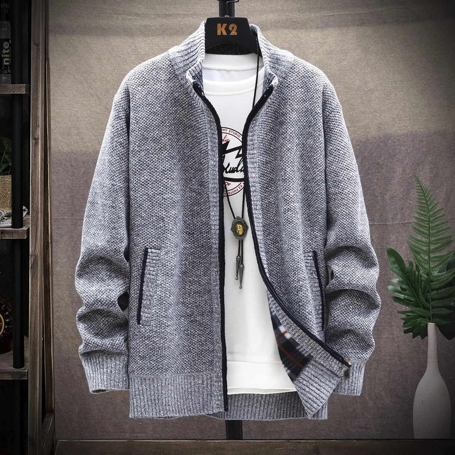 Mens Lightweight Sweaters Zip Up Stand Collar Cardigan Sweater Knitwear with Pockets Sweater Cardigan, XL-4XL