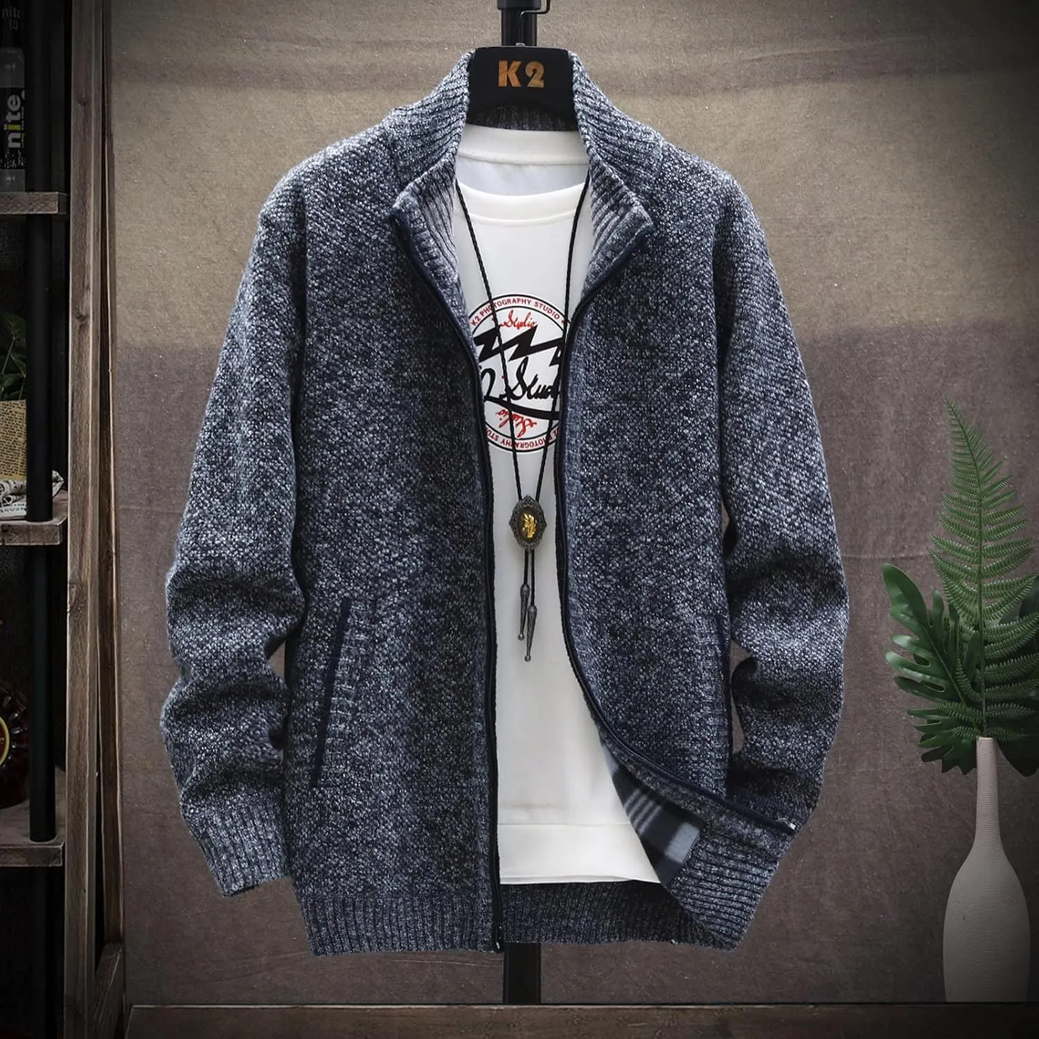 Mens Lightweight Sweaters Zip Up Stand Collar Cardigan Sweater Knitwear with Pockets Sweater Cardigan, XL-4XL