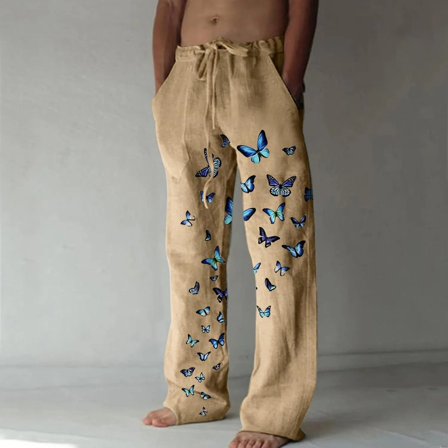 Mens Linen Casual Pants Fashion Elastic Waist Drawstring Trousers Butterfly Printed Yoga Beach Summer Pants