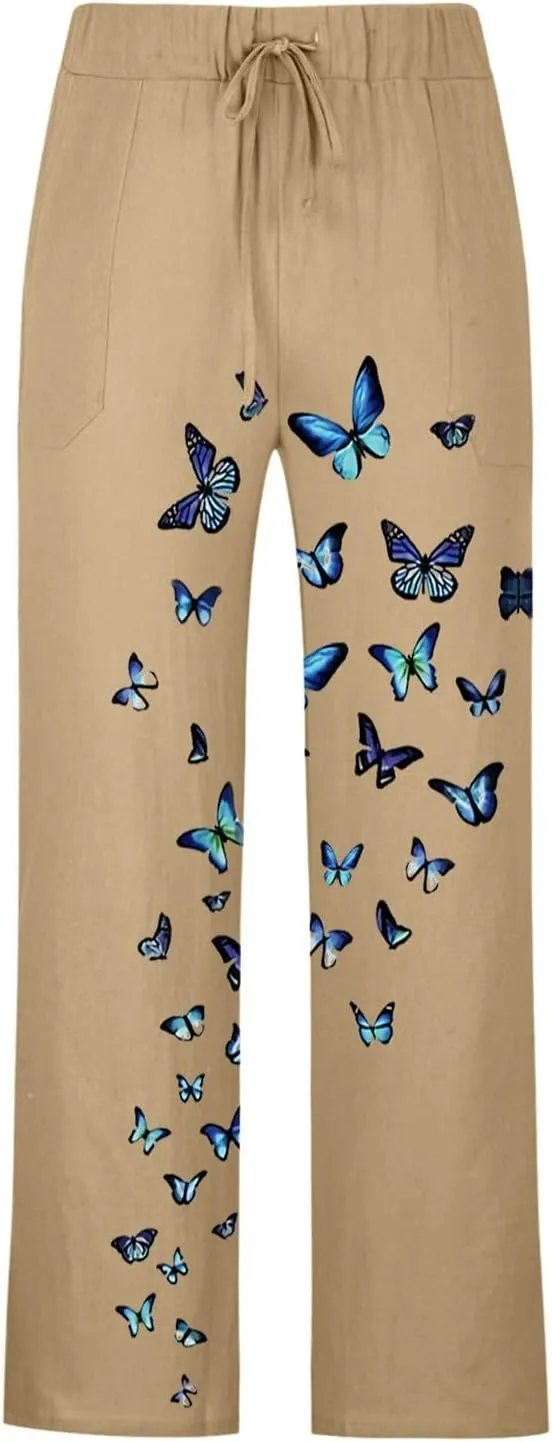 Mens Linen Casual Pants Fashion Elastic Waist Drawstring Trousers Butterfly Printed Yoga Beach Summer Pants