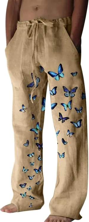 Mens Linen Casual Pants Fashion Elastic Waist Drawstring Trousers Butterfly Printed Yoga Beach Summer Pants