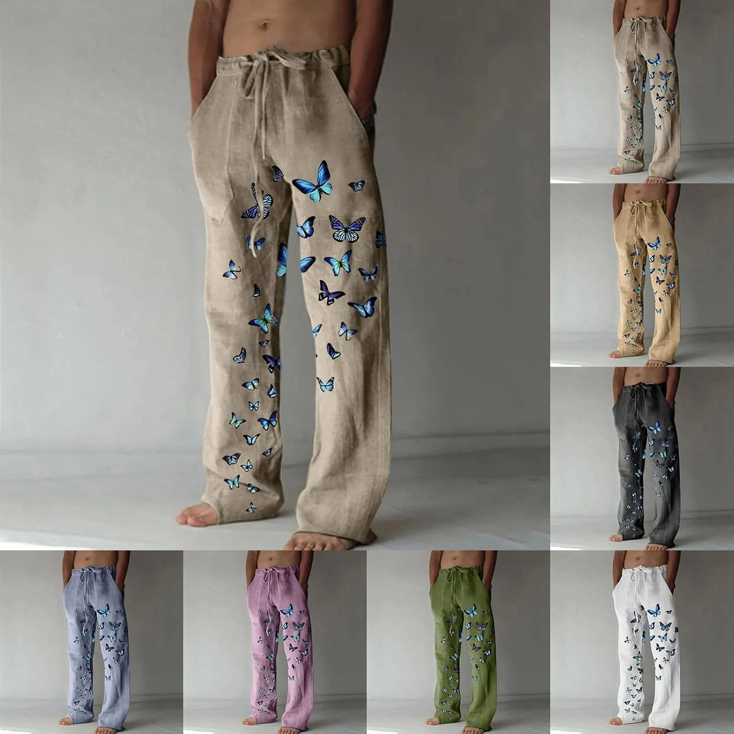Mens Linen Casual Pants Fashion Elastic Waist Drawstring Trousers Butterfly Printed Yoga Beach Summer Pants
